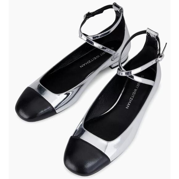 NIB Stuart Weitzman Silver and Black Leather Eden Cross Strap Ballet Flats US 8 - Picture 2 of 9